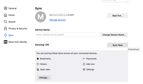 The Sync Menu showing Syncing: On