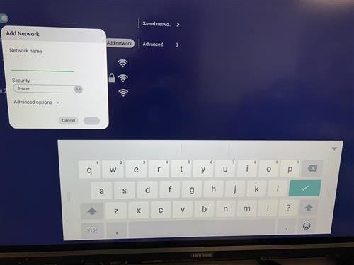 The add network dialog box and onscreen keybaord